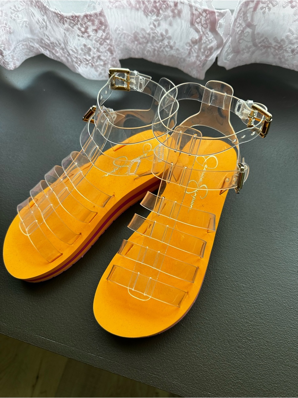 Clear-Strap Orange Footbed Women’s Sandals by Jessica Simpson. NWOT